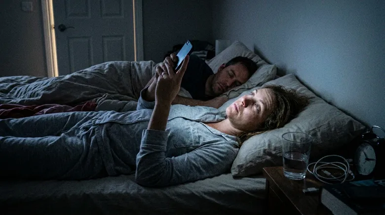 SCENE: A woman lying awake in bed at 3am, eyes open staring at the ceiling, phone light illuminating her exhausted face while her husband sleeps soundly beside her
