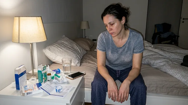 SCENE: A woman sitting alone on the edge of a guest room bed at night, looking down at a cluttered nightstand covered with opened packages of failed snoring remedies, expression resigned and exhausted