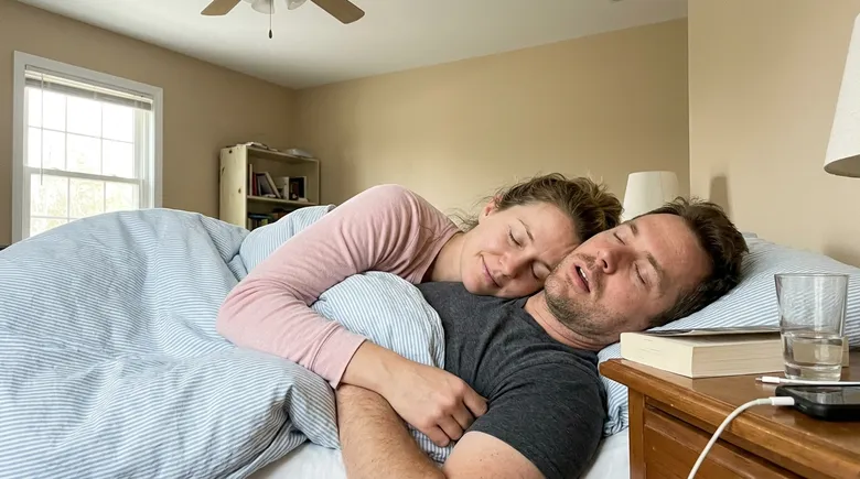 SCENE: A couple sleeping peacefully side by side in their bedroom in soft morning light, both fully relaxed and deeply asleep together, a peaceful calm on both their faces