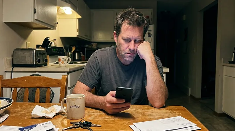 SCENE: A tired man in his late 40s sitting alone at a kitchen table at 6am, staring at his snoring app score on his phone, his wife's empty coffee mug on the counter, the house still dark around him
