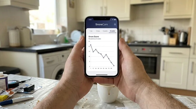 SCENE: A man in his late 40s at a kitchen table with morning coffee, holding his phone showing a clearly downward-trending snore score graph over eight weeks, his expression shifting from skepticism to quiet, surprised relief