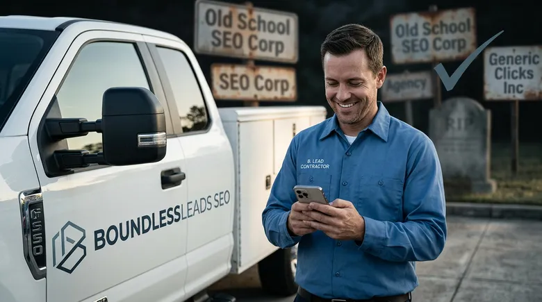 SCENE: Smiling male contractor in clean work shirt standing outside his branded truck, relaxed and confident, reviewing his phone with visible satisfaction
