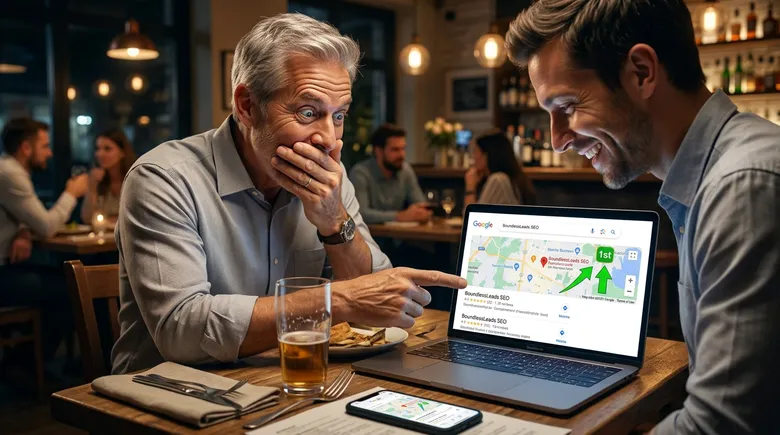 SCENE: Two men in collared shirts leaning over a laptop at a restaurant table, one pointing at a Google Maps ranking screen showing a business jumping to the first position