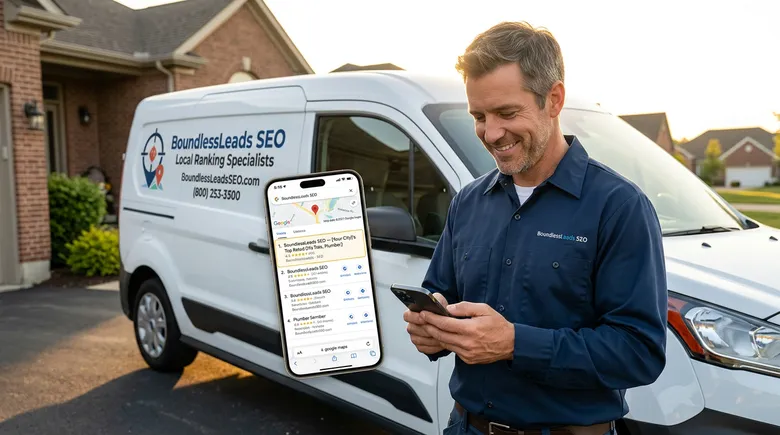 SCENE: A contractor in a clean work shirt standing in his driveway beside his branded van, smiling at his phone screen with visible satisfaction, morning light behind him
