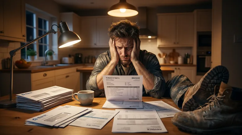SCENE: Exhausted contractor in dusty work boots sitting at kitchen table late at night staring at a confusing agency invoice surrounded by unopened mail and a cold cup of coffee