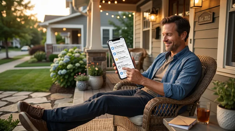 SCENE: Small business owner relaxing on his front porch in the evening looking at his phone with relief and satisfaction as notification after notification of new customer inquiries rolls in