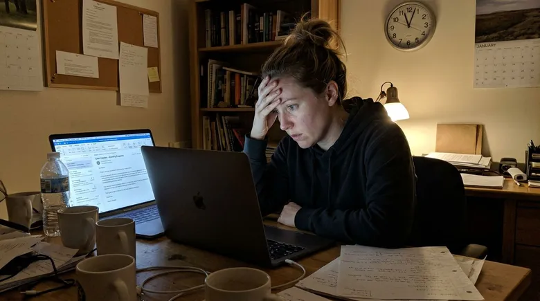 SCENE: Agency owner alone at desk at night staring at a client email on her laptop screen, expression tense