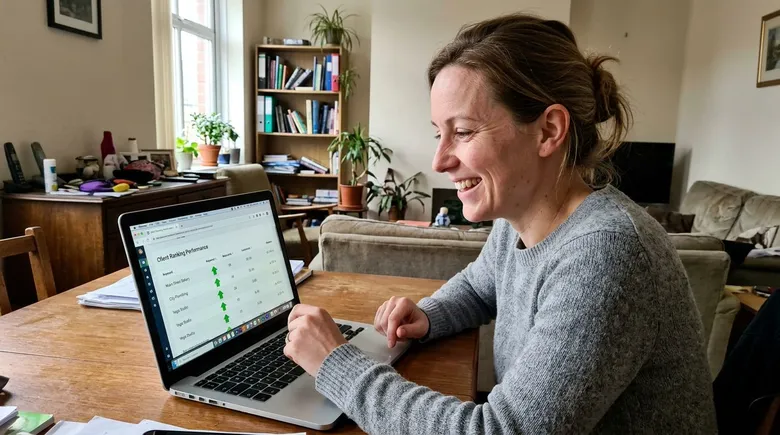 SCENE: Agency owner smiling at laptop screen showing a client ranking dashboard with multiple green upward arrows