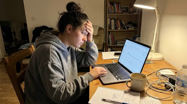 SCENE: Exhausted blogger at desk staring at a Google Analytics flatline on laptop screen at 11pm, coffee mug empty beside keyboard