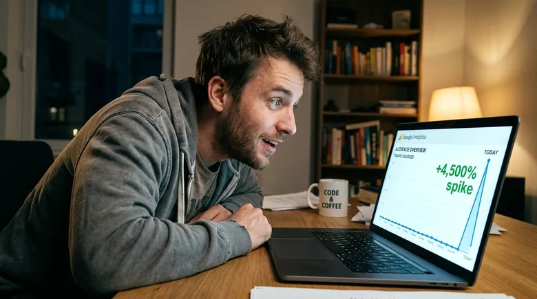 SCENE: Man at laptop leaning forward with wide eyes as Google Analytics shows first-ever traffic spike after fourteen months of flatline, mouth slightly open