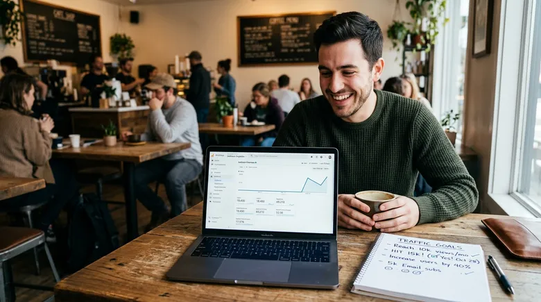SCENE: Relieved blogger smiling at coffee shop with laptop open, Google Analytics showing steep upward curve, notebook with scribbled traffic goals beside him