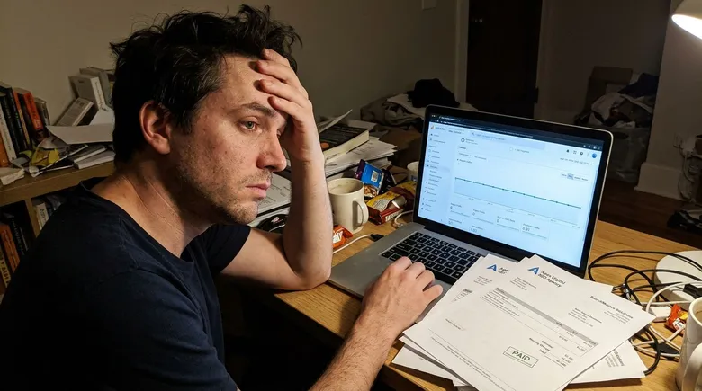 SCENE: Frustrated e-commerce store owner at his desk at night staring at a flat Google Analytics traffic graph showing zero organic growth despite months of agency invoices stacked beside his keyboard