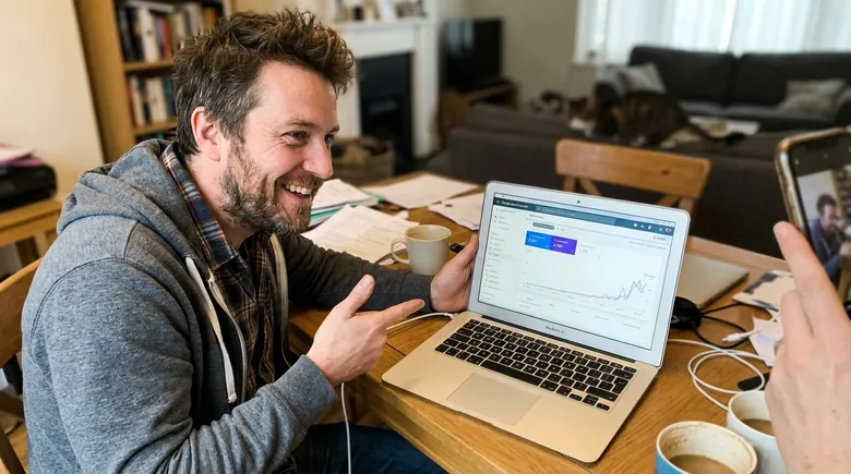 SCENE: E-commerce store owner grinning at his laptop showing a Google Search Console graph with a sharp upward organic traffic curve after ninety days of using BoundlessLeads SEO automation
