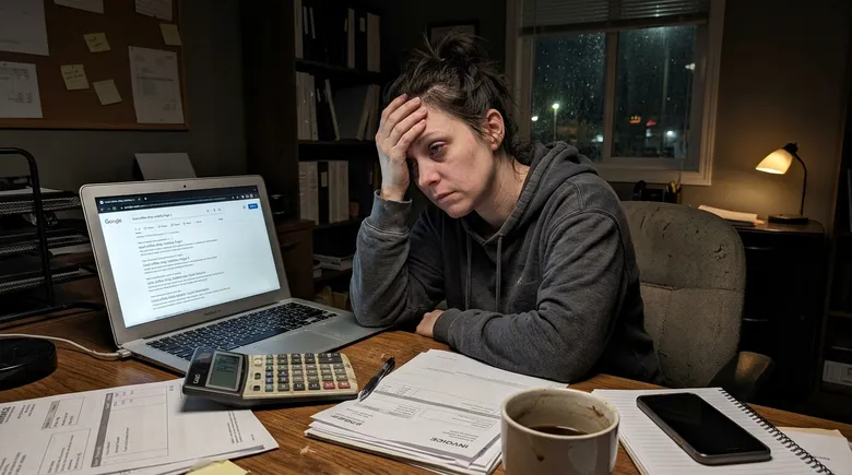 SCENE: Exhausted local business owner alone at desk late at night, calculator beside laptop, staring at Google page three results