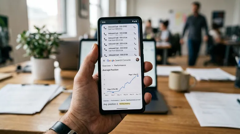 SCENE: Business owner's hand holding phone showing a wave of inbound call notifications and Google Search Console ranking climbing from page three toward position one