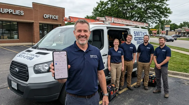 SCENE: Confident HVAC business owner standing outside his company van with his crew smiling, phone showing a Google page one ranking in his city