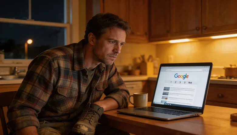 SCENE: Exhausted contractor in work boots sitting at kitchen table at night, staring at laptop showing Google search results page two