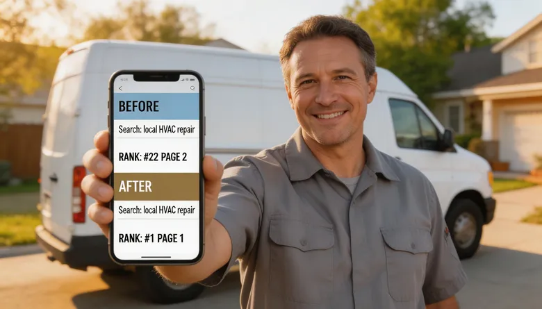 SCENE: Smiling HVAC business owner standing confidently in front of his branded work van, holding his phone showing a Google ranking result