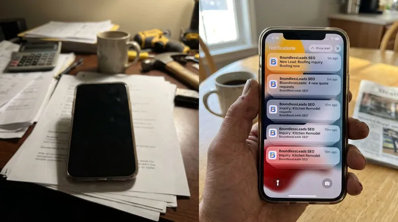 SCENE: Split moment showing contractor's phone dark and silent at desk versus same phone lit up with multiple incoming lead notifications in morning light