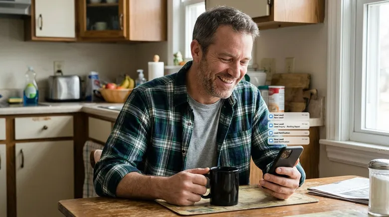 SCENE: Relaxed contractor in clean flannel shirt at sunlit kitchen table smiling at phone screen showing multiple new lead notifications with morning coffee beside him