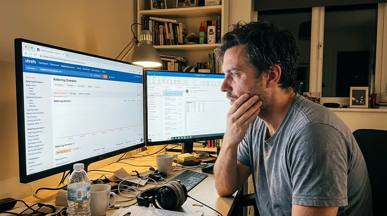 SCENE: A man at a desk late at night, jaw tight, staring at an Ahrefs referring domains report showing near-zero results despite six months of agency payments