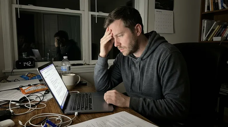 SCENE: Frustrated man at desk late at night, face illuminated by laptop screen showing a competitor's article ranked above his own in Google search results