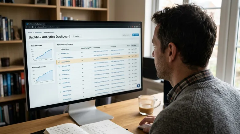 SCENE: Over-the-shoulder view of a site owner watching a backlink analytics dashboard update in real time, new referring domains populating the screen row by row