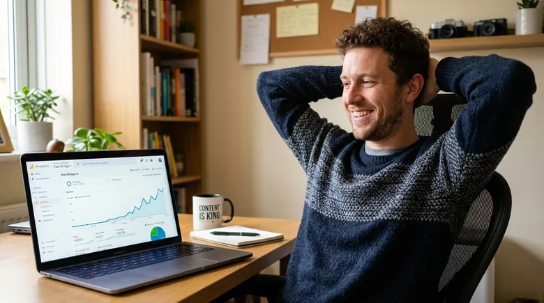 SCENE: A blogger leaning back in his home office chair, smiling at his laptop screen showing a sharply upward-trending Google Analytics traffic graph over the past 90 days