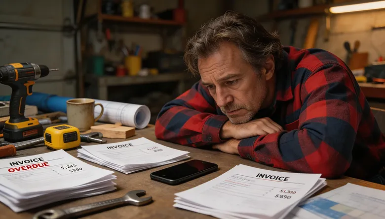 SCENE: A tired contractor in his 50s sits at a cluttered workbench staring at a silent face-down phone surrounded by unpaid invoices