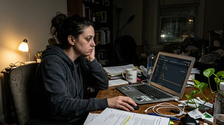 SCENE: Exhausted solopreneur at a cluttered home desk late at night staring at a flatlined Google Analytics traffic graph on their laptop screen