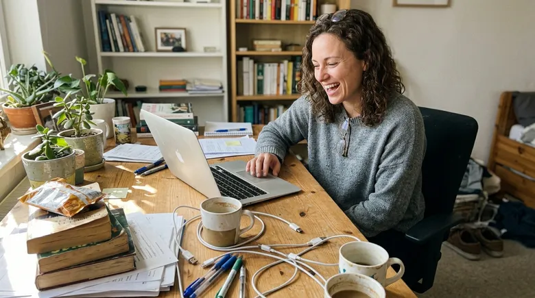 SCENE: Solopreneur smiling at a laptop showing a steep upward organic traffic curve in Google Analytics on a calm sunlit morning in a home office