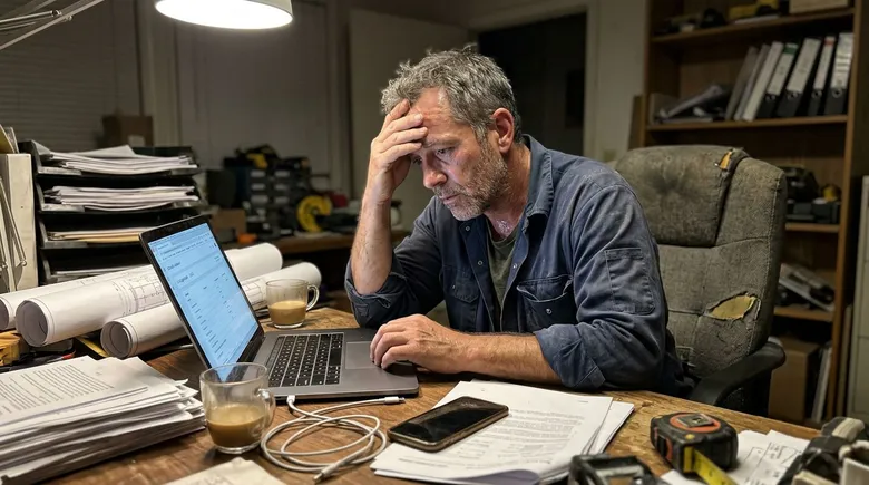 SCENE: A weathered contractor sitting at a cluttered job-site desk late at night, staring at a laptop showing zero Google leads, expression exhausted and frustrated