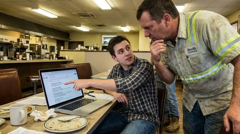 SCENE: A contractor looking over the shoulder of a consultant pointing at a Google search results page showing competitors ranked above his business listing