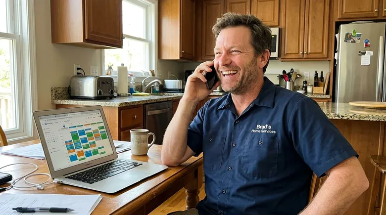 SCENE: A smiling contractor in a clean work shirt answering his phone at a bright kitchen table, a full job schedule visible on a laptop beside him, relaxed and in control