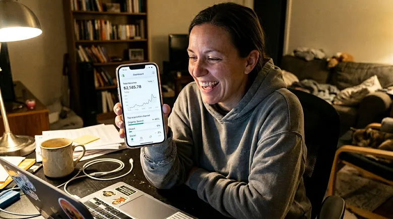SCENE: E-commerce owner smiling at phone showing Shopify revenue dashboard with organic traffic as the top acquisition channel