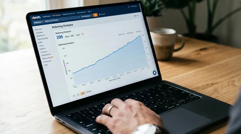 SCENE: Tight shot of laptop screen showing an Ahrefs referring domains graph climbing steadily over 30 days, a person's hand resting relaxed on the keyboard beside it