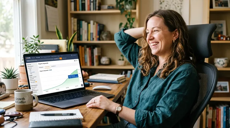 SCENE: A small business owner leaning back in her chair, relaxed smile, laptop open on a desk showing an Ahrefs organic keywords graph with a clear upward curve over three months
