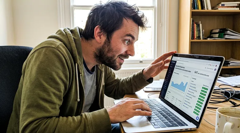 SCENE: Solo founder leaning forward toward a laptop screen discovering a dashboard showing hundreds of high-authority backlinks accumulating automatically across dozens of domains