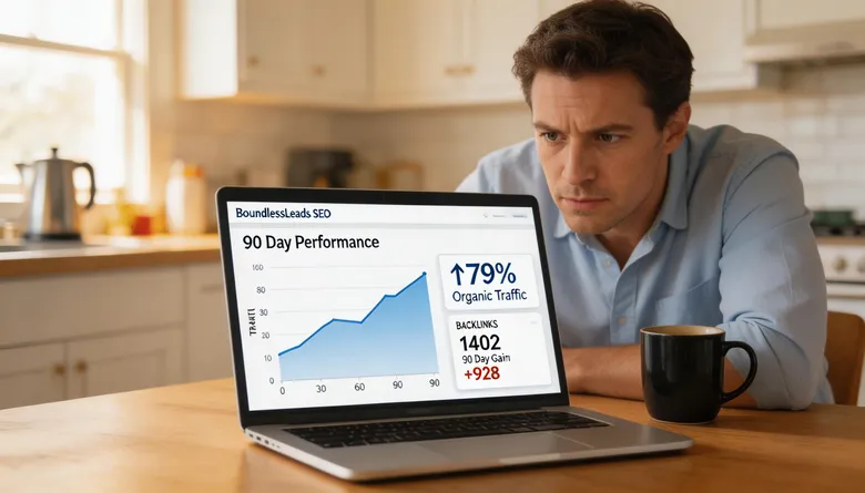 SCENE: A laptop open on a kitchen table showing a clean BoundlessLeads dashboard with a rising traffic graph and backlink count climbing over 90 days