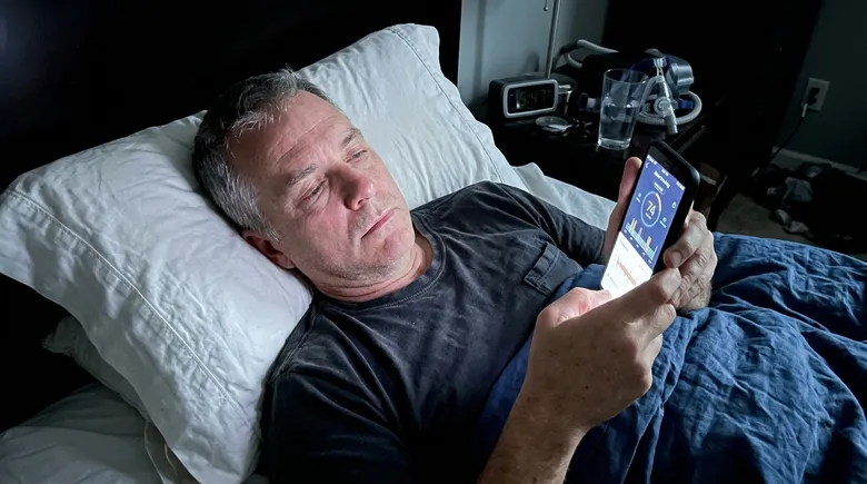 SCENE: Man in his early 50s lying in bed at 5:47 AM, face lit by phone glow, staring at a snore-tracking app score of 74 with exhausted, defeated eyes