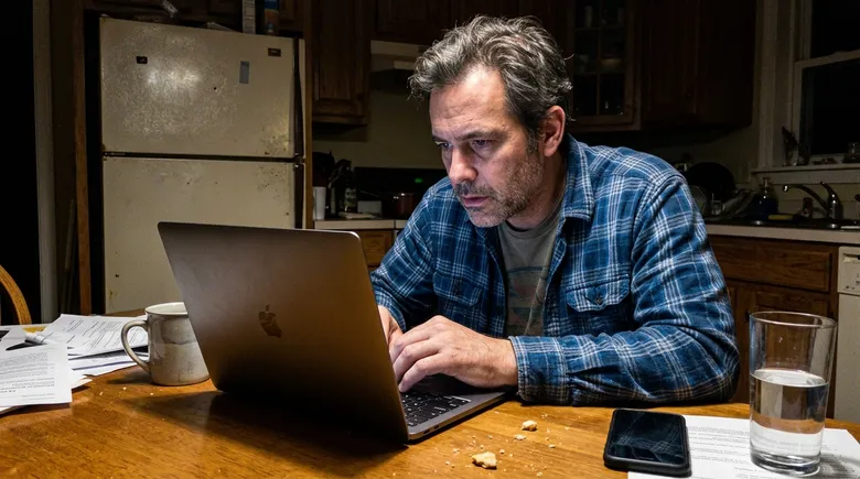 SCENE: A man in his late 40s at a kitchen table late at night, laptop open to a medical journal study, expression shifting from exhaustion to focus as he reads the oropharyngeal exercise research for the first time