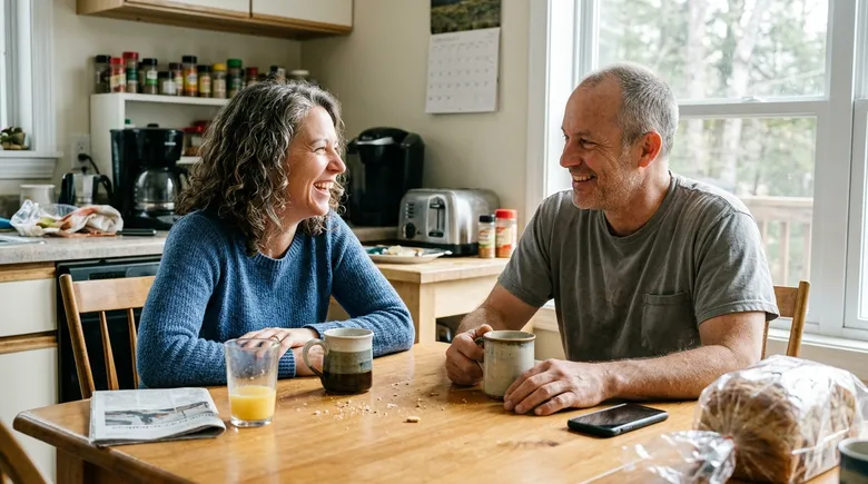 SCENE: A man and woman in their late 40s having quiet morning coffee together at a bright kitchen table, both relaxed and unhurried — an ordinary morning that had stopped being ordinary for years