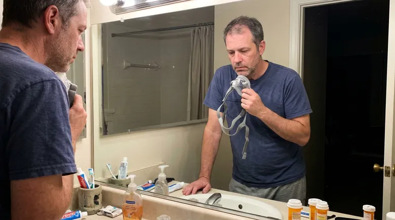 SCENE: Tired man in his late 40s standing at bathroom sink late at night, holding a CPAP mask, staring at his reflection with quiet resignation and exhaustion