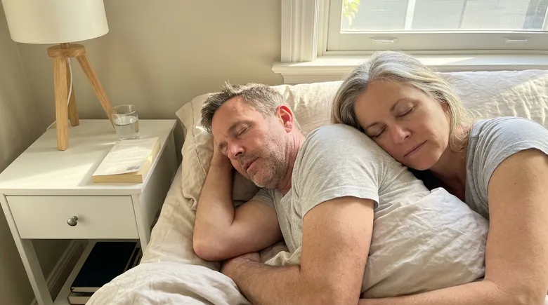 SCENE: Couple in their mid-50s sleeping peacefully side by side in a sunlit bedroom, the man's nightstand completely clear of any medical equipment, warm morning light on their faces
