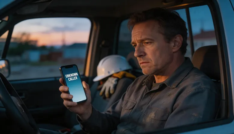 SCENE: A weary contractor in a work shirt sits in his truck at dusk, staring at a ringing phone he doesn't recognize, looking uncertain and tired